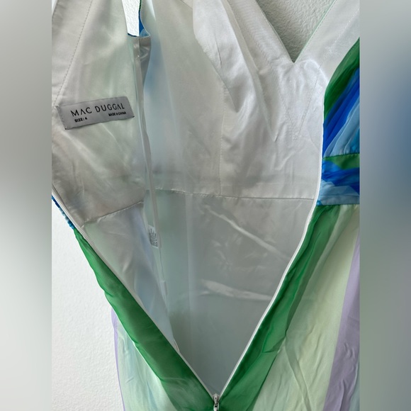 MAC DUGGAL | blue green multicolor stripe plunge maxi gown 4 - Picture 11 of 14